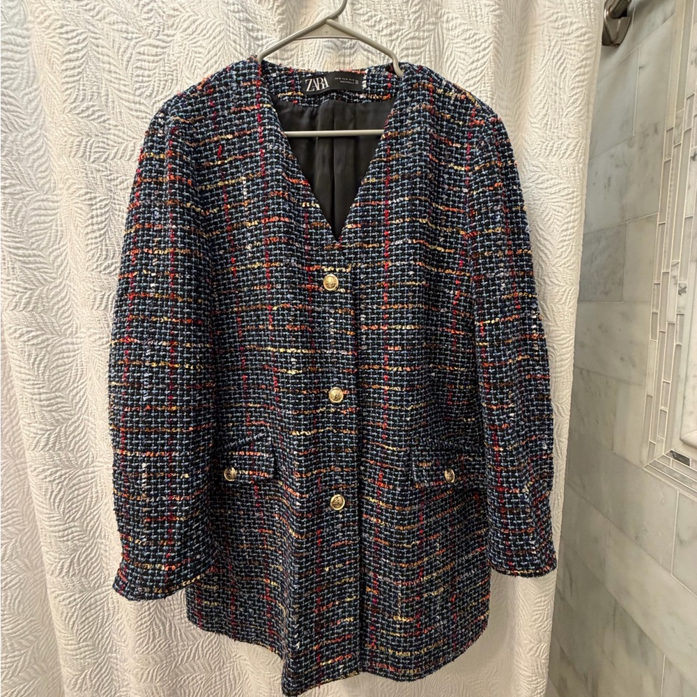Zara Women's Tweed Blazer with Gold Buttons
